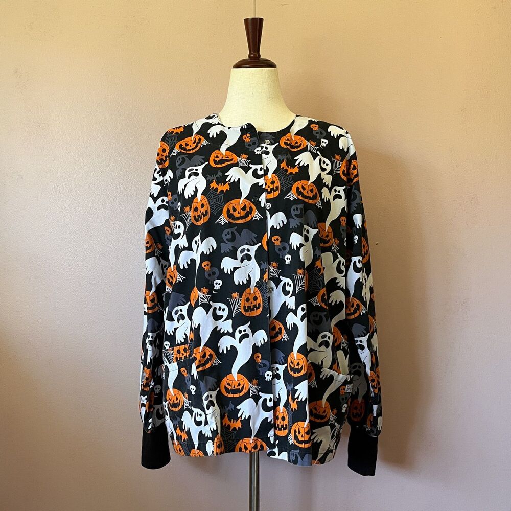 UA Scrubs Pumpkin Ghosts Halloween Long Sleeve Scrub Top with Pockets M